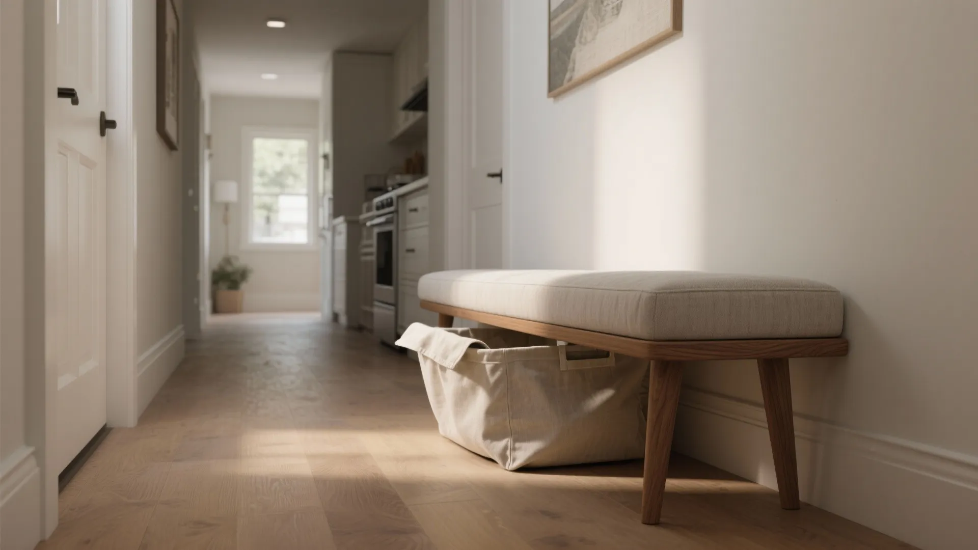 Hallway area with wooden bench featuring fabric laundry basket underneath and light wood flooring throughout
