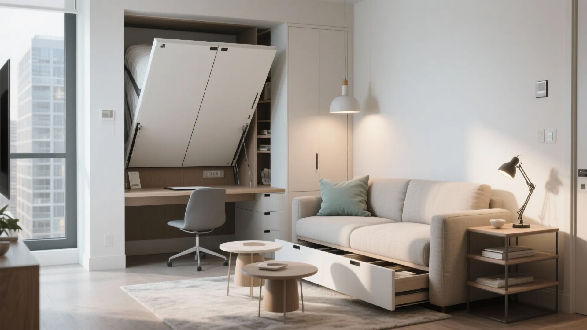 Modern studio apartment with wall bed desk combo sofa two small tables and white cabinet