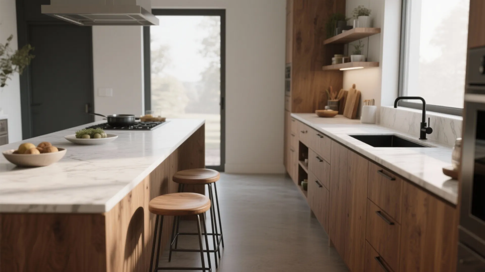 Modern kitchen with wood cabinets white marble island two wooden bar stools and natural window light