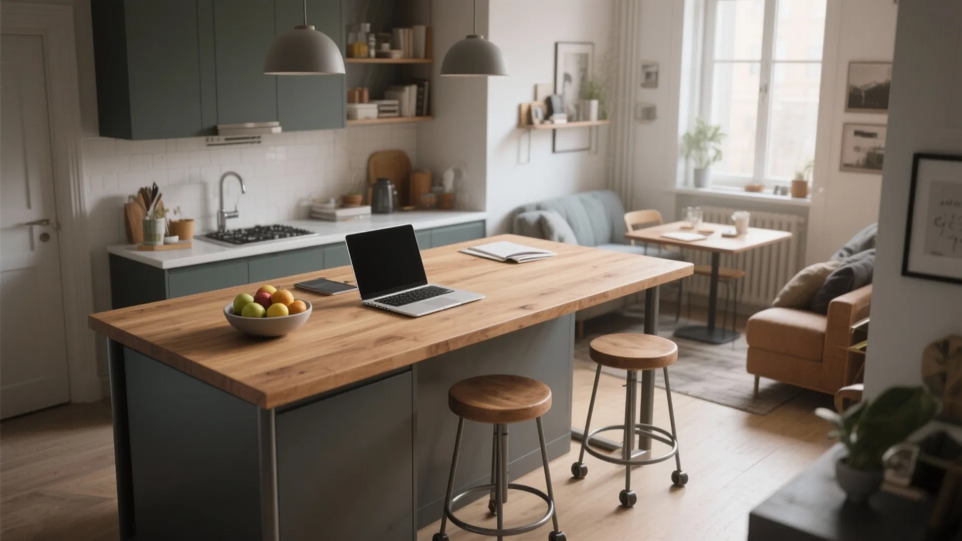 Modern kitchen with wood island laptop bowl of fruit gray cabinets two ceiling lights and sofa