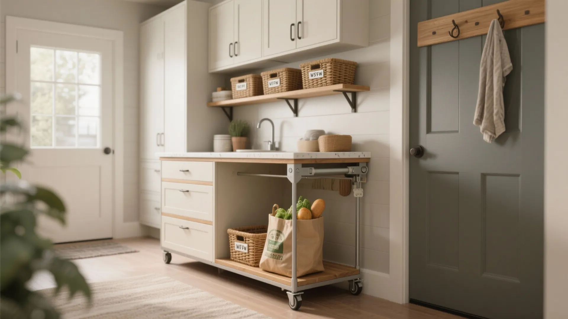 5. Multiuse Island and Open Shelving with Labels