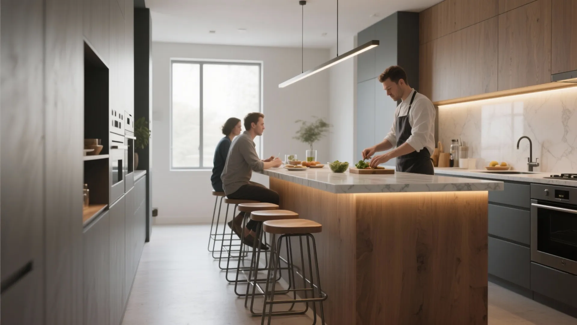 Modern kitchen with man cooking at island while two people sit on tall wooden stools