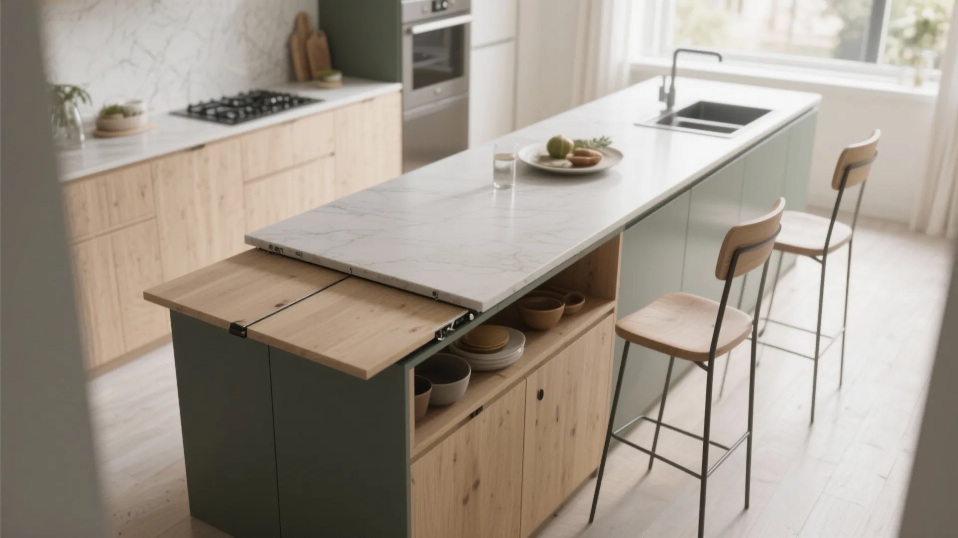 Modern kitchen island with extendable wooden table surface high stools green cabinets and white marble countertop