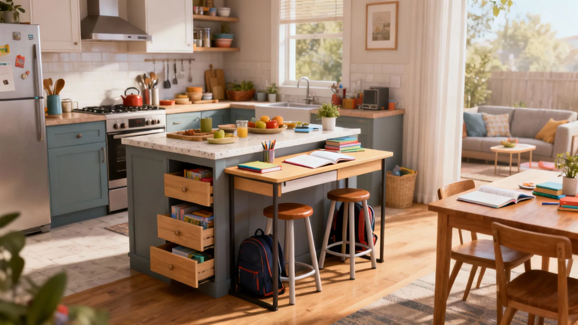 Compact kitchen island used for prep, casual dining and homework in a small open-plan home