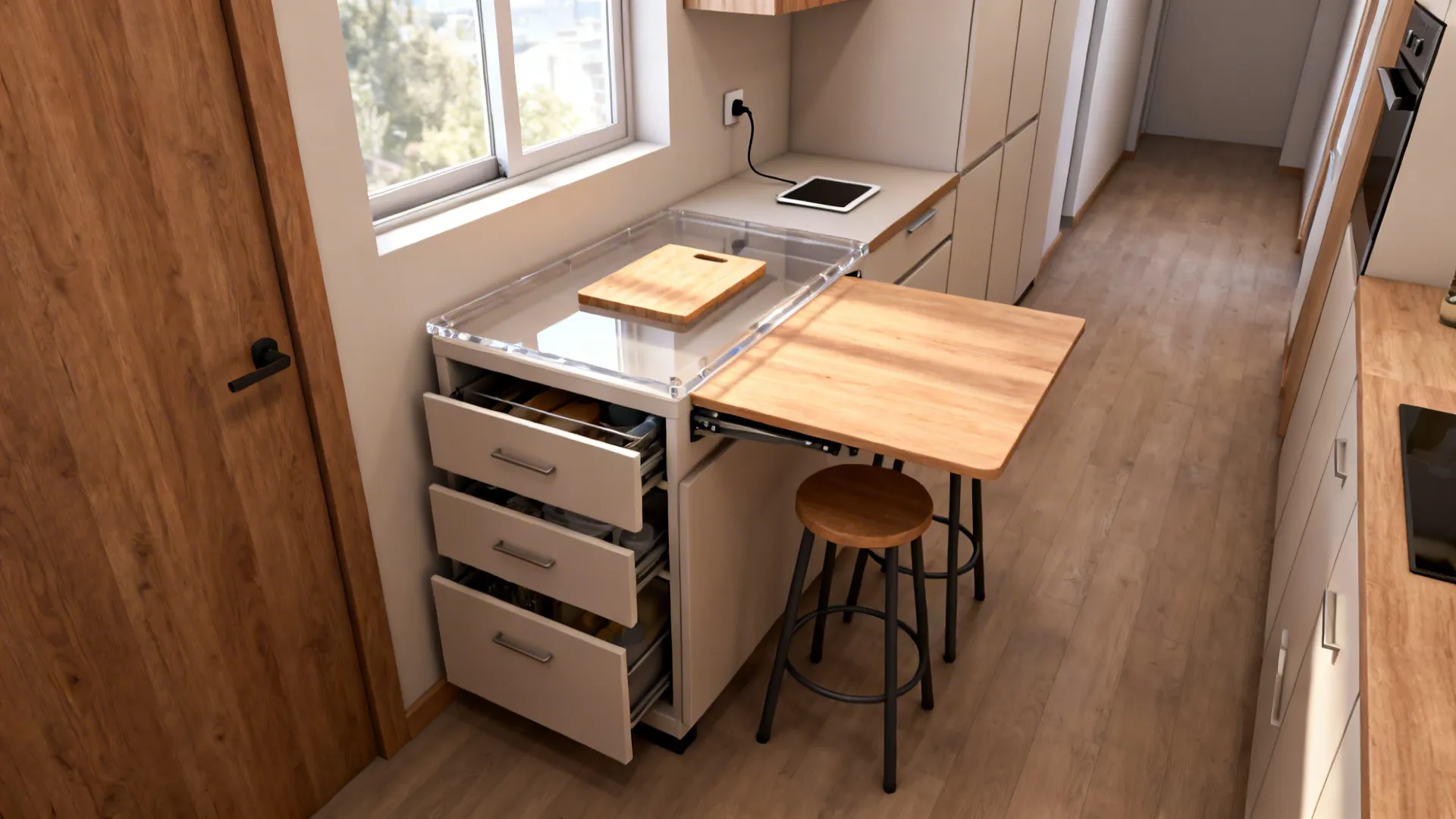 Compact island with fold-down table and storage in a narrow kitchen