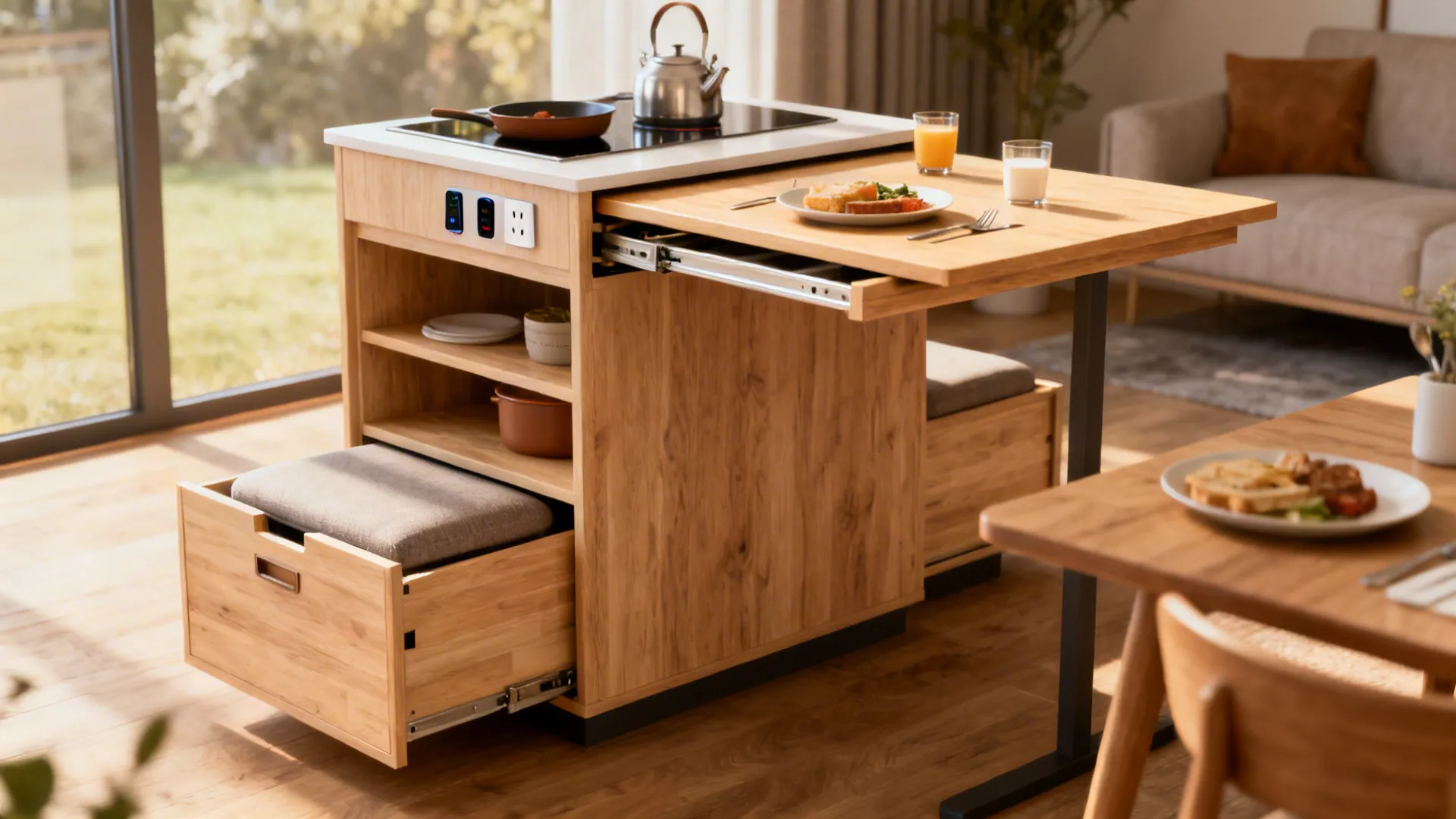 Small multi-use island with fold-down table and built-in storage in a compact kitchen