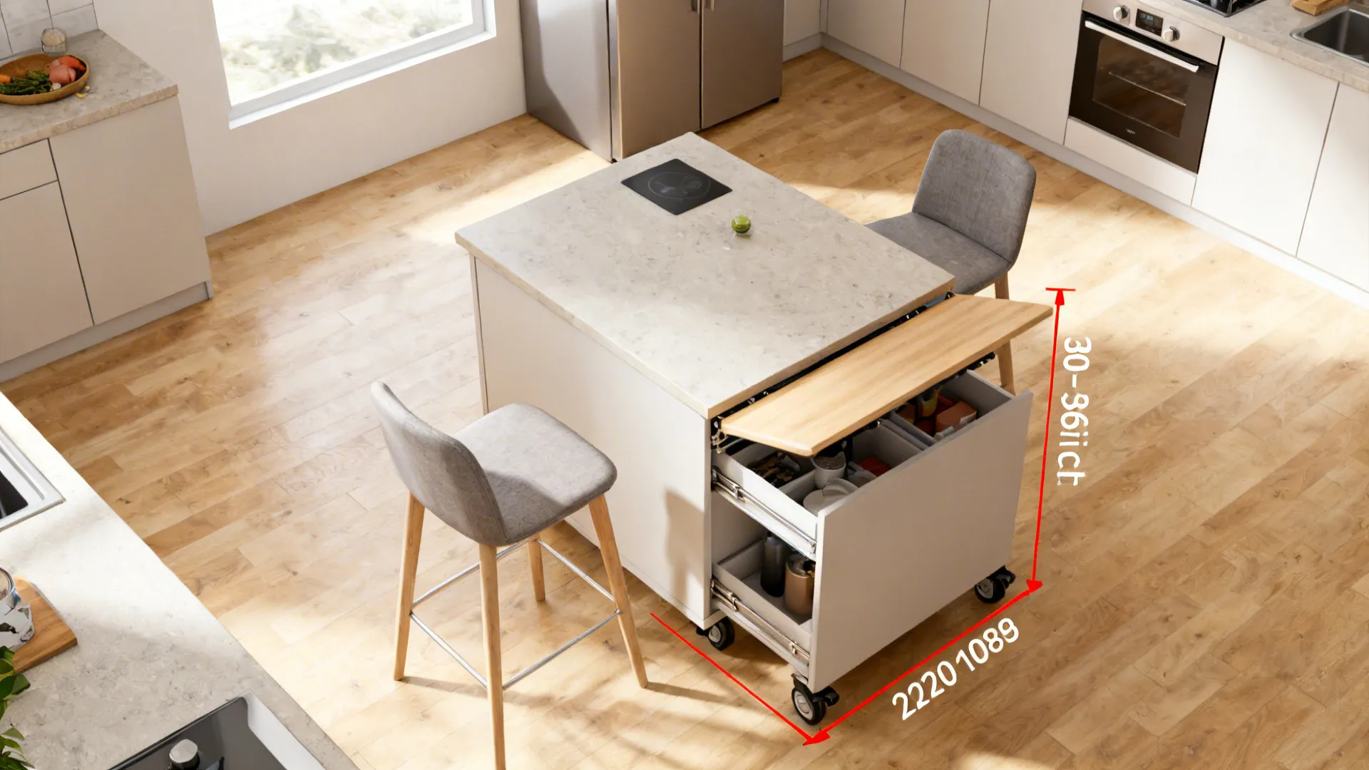 Top-down layout of a tiny kitchen with a rolling fold-down island and clear working clearances.