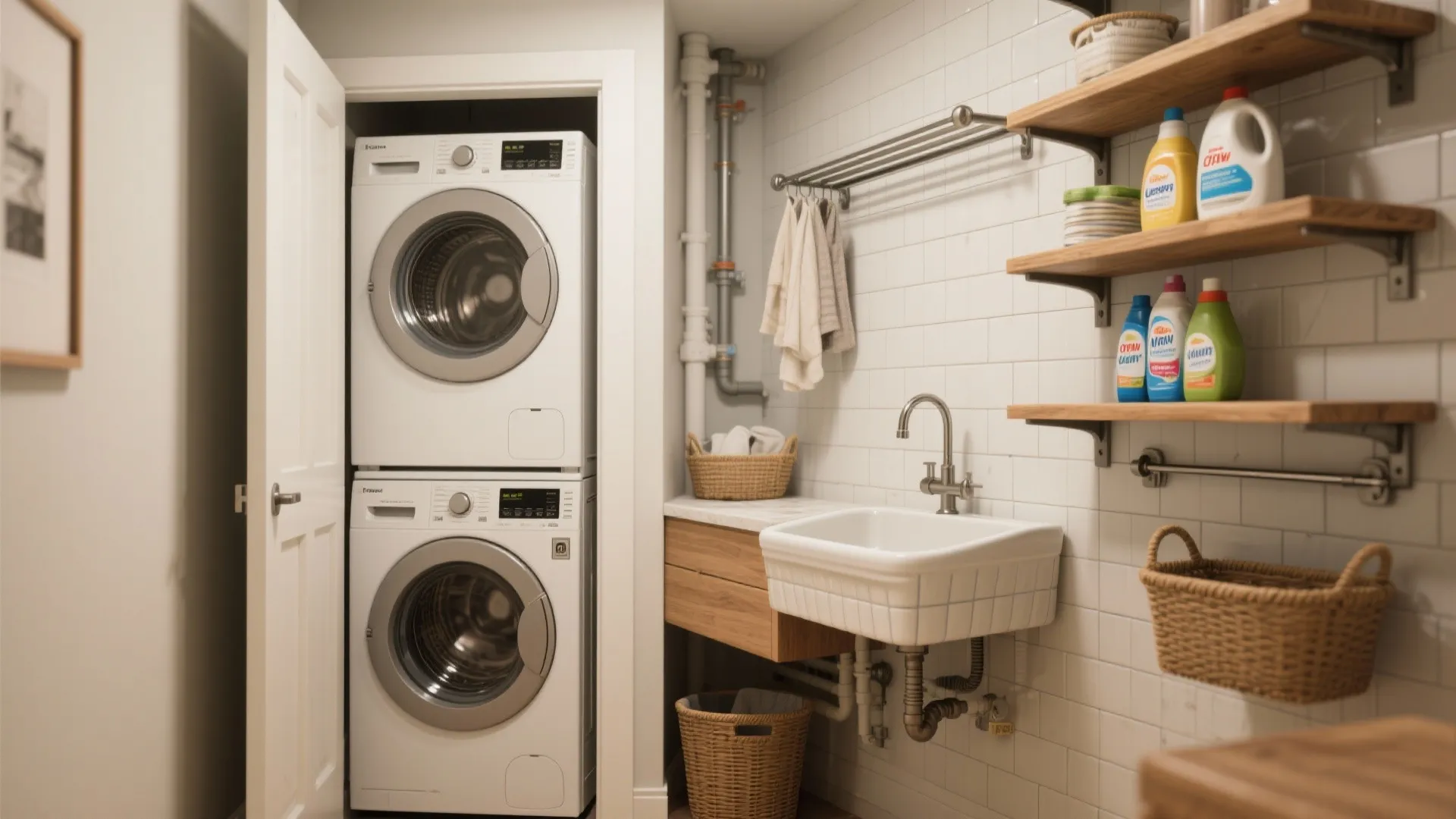 Small laundry room with white tiles and stacked washer plus a sink and wooden shelves