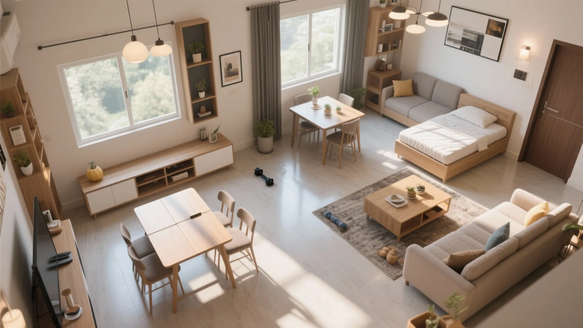 Modern open plan living area with dining table sofa bed wooden cabinets and large bright windows