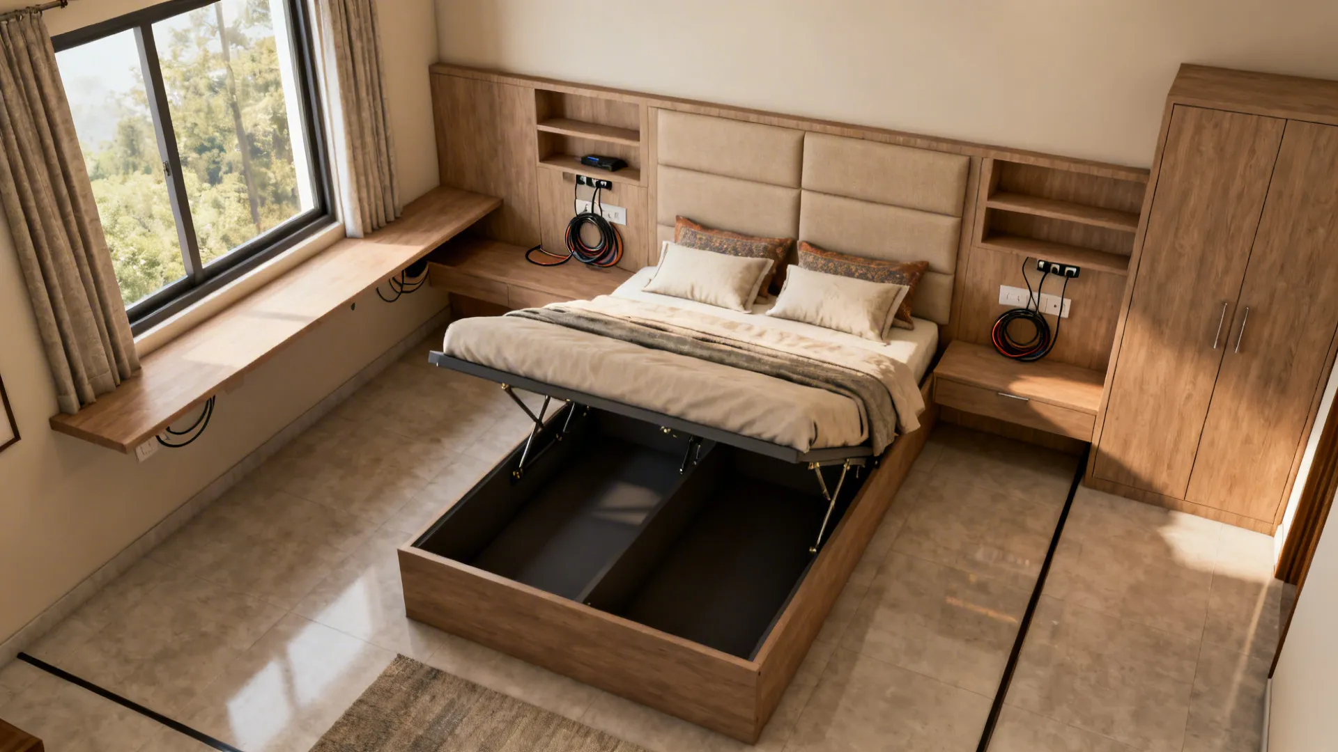 Top-down plan of a small bedroom with desk under window, storage bed, and wall-to-wall headboard.