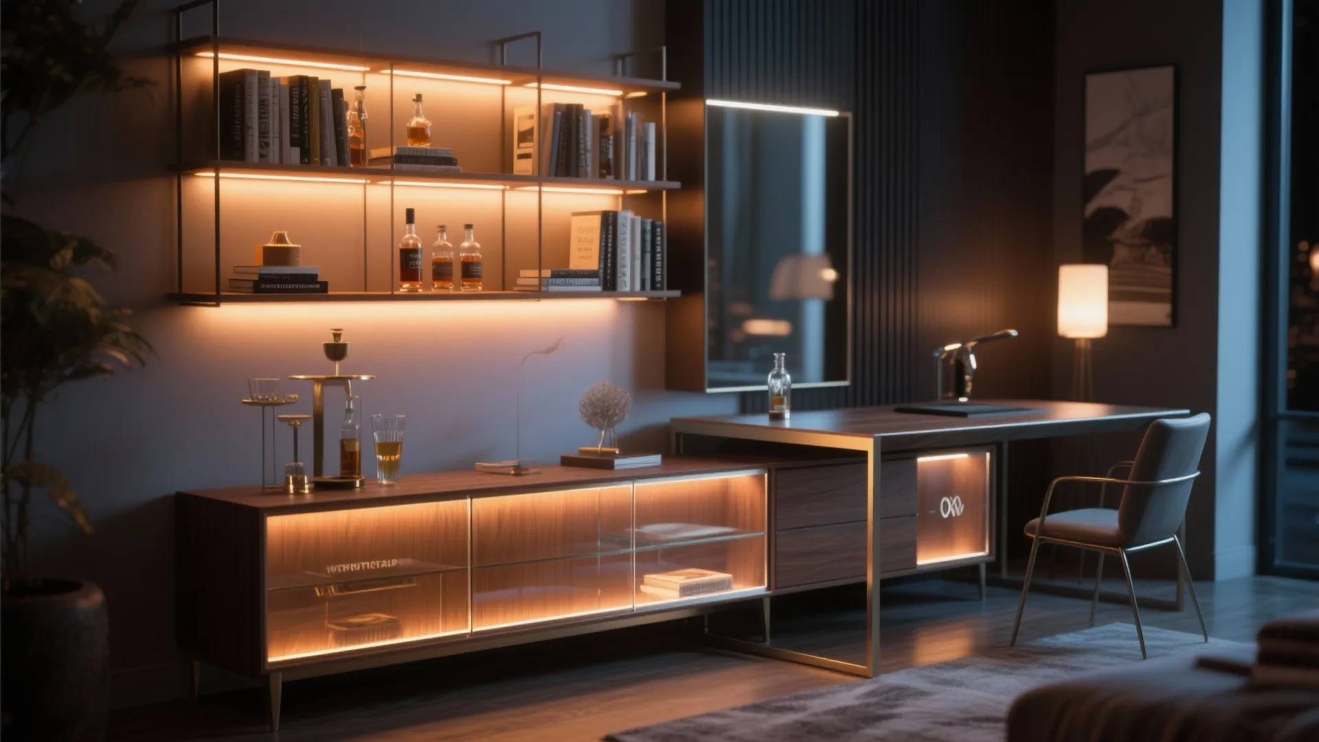 Modern dark home office with glowing shelves holding books and bottles beside a sleek desk