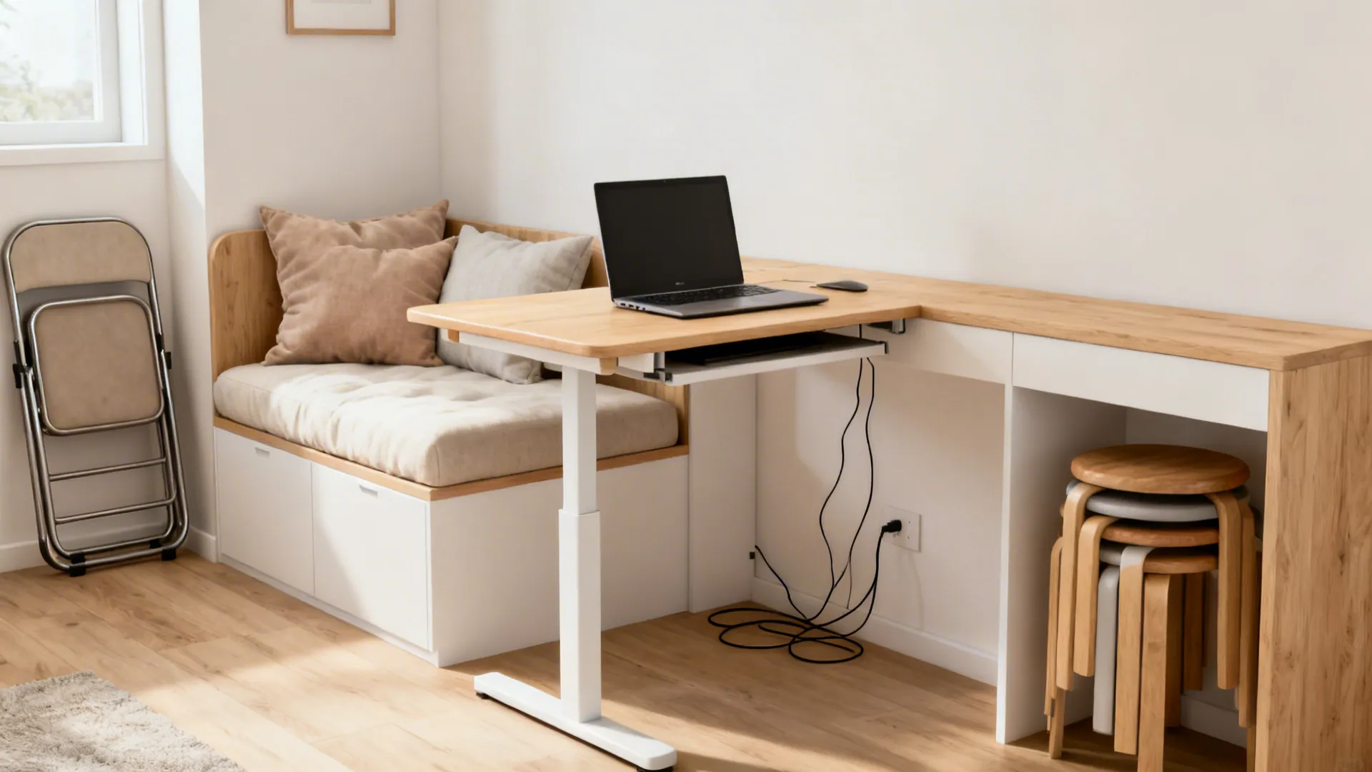 Small living area with daybed sofa and a drop-leaf desk in a light neutral palette.