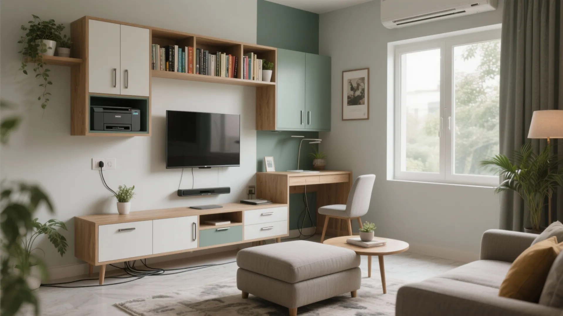 Minimal, multi-use living room storage