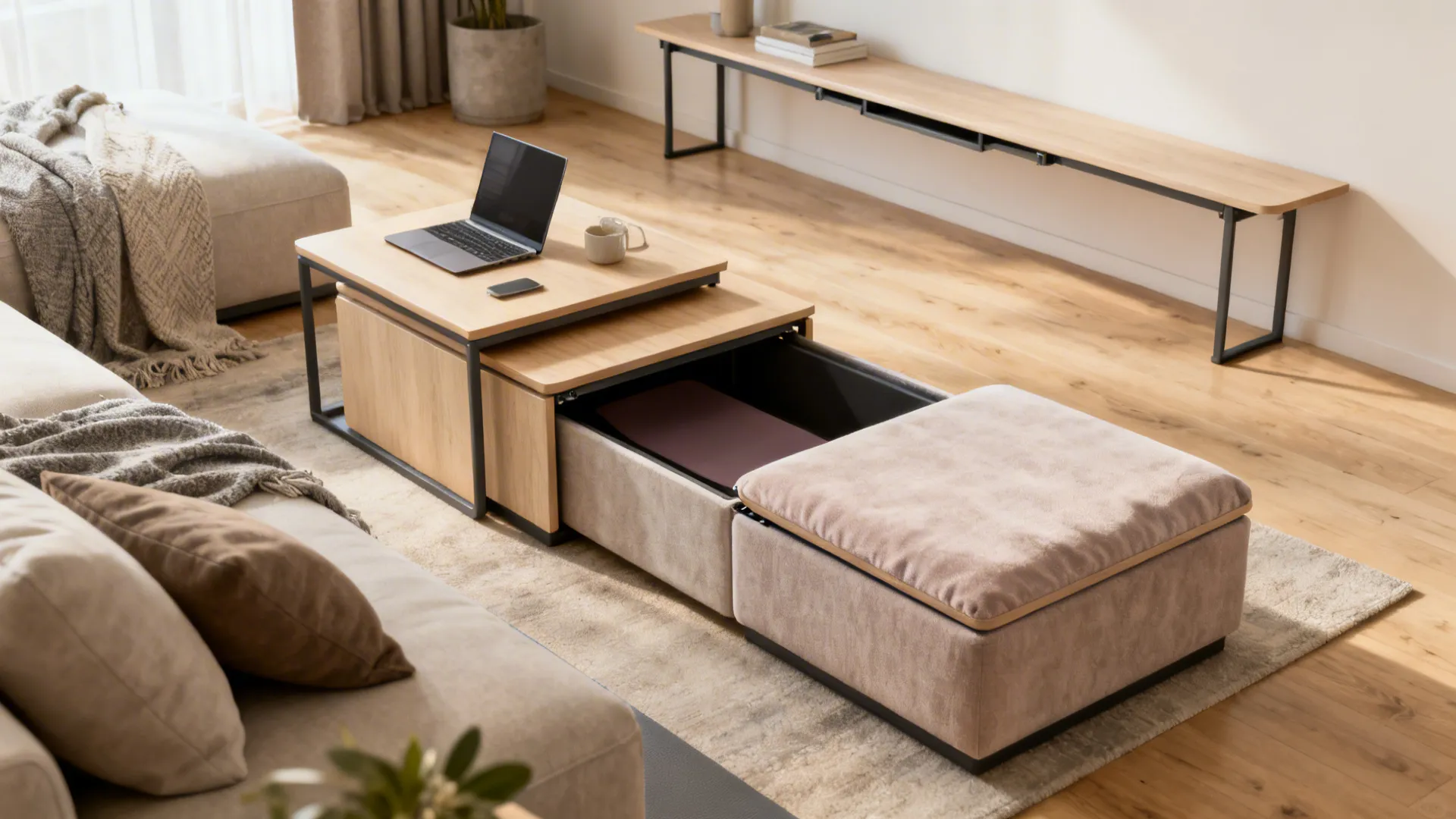 Small living room with nesting coffee tables and a flip-top storage ottoman in neutral tones.