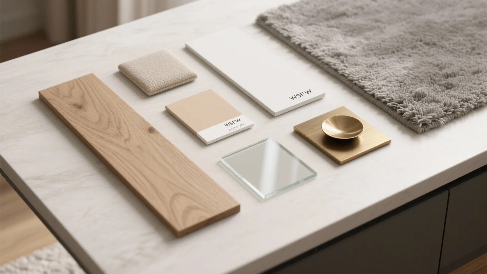 Collection of interior design materials including wood and fabric samples along with glass and metal