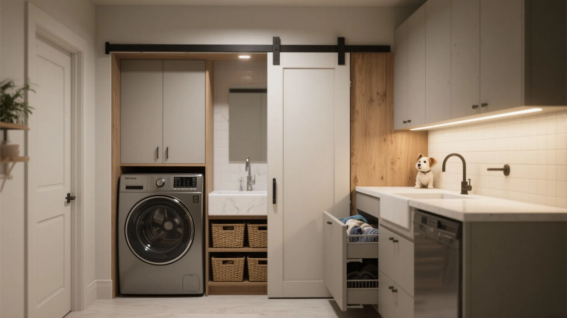 Functional laundry nook with sliding door washing machine sink wall light and white storage cabinets