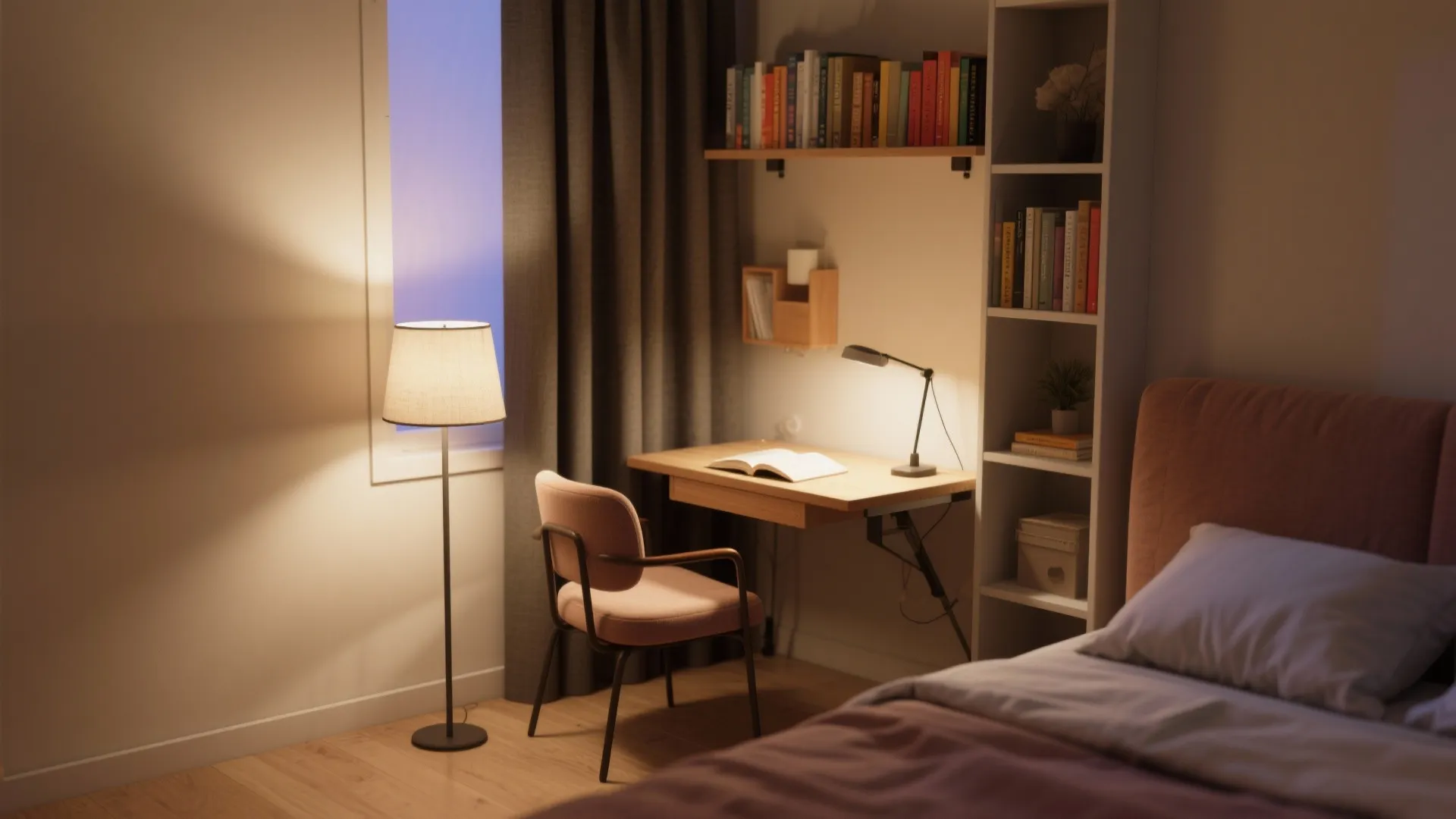 Bedroom workspace with wooden desk pink chair floor lamp tall white bookshelf and comfy bed