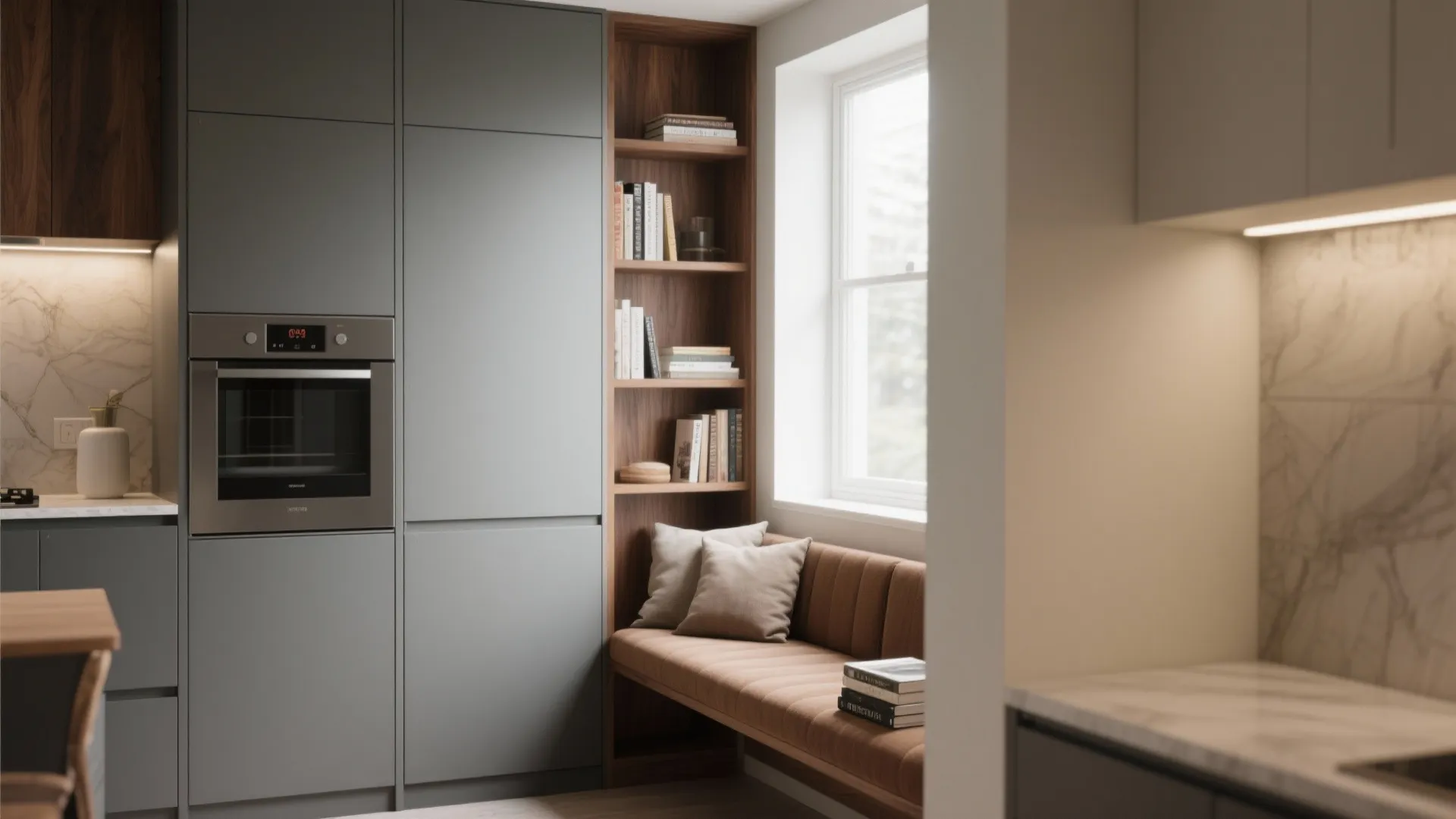 Modern grey kitchen cabinets with built in oven next to wooden bookshelf and window seat