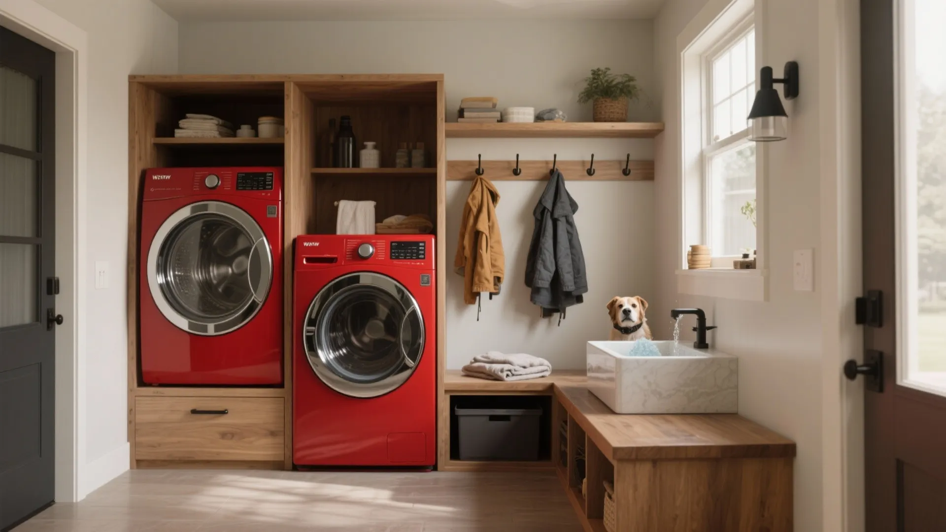 Laundry room with two red washing machines wood cabinets coat hooks and a small white sink