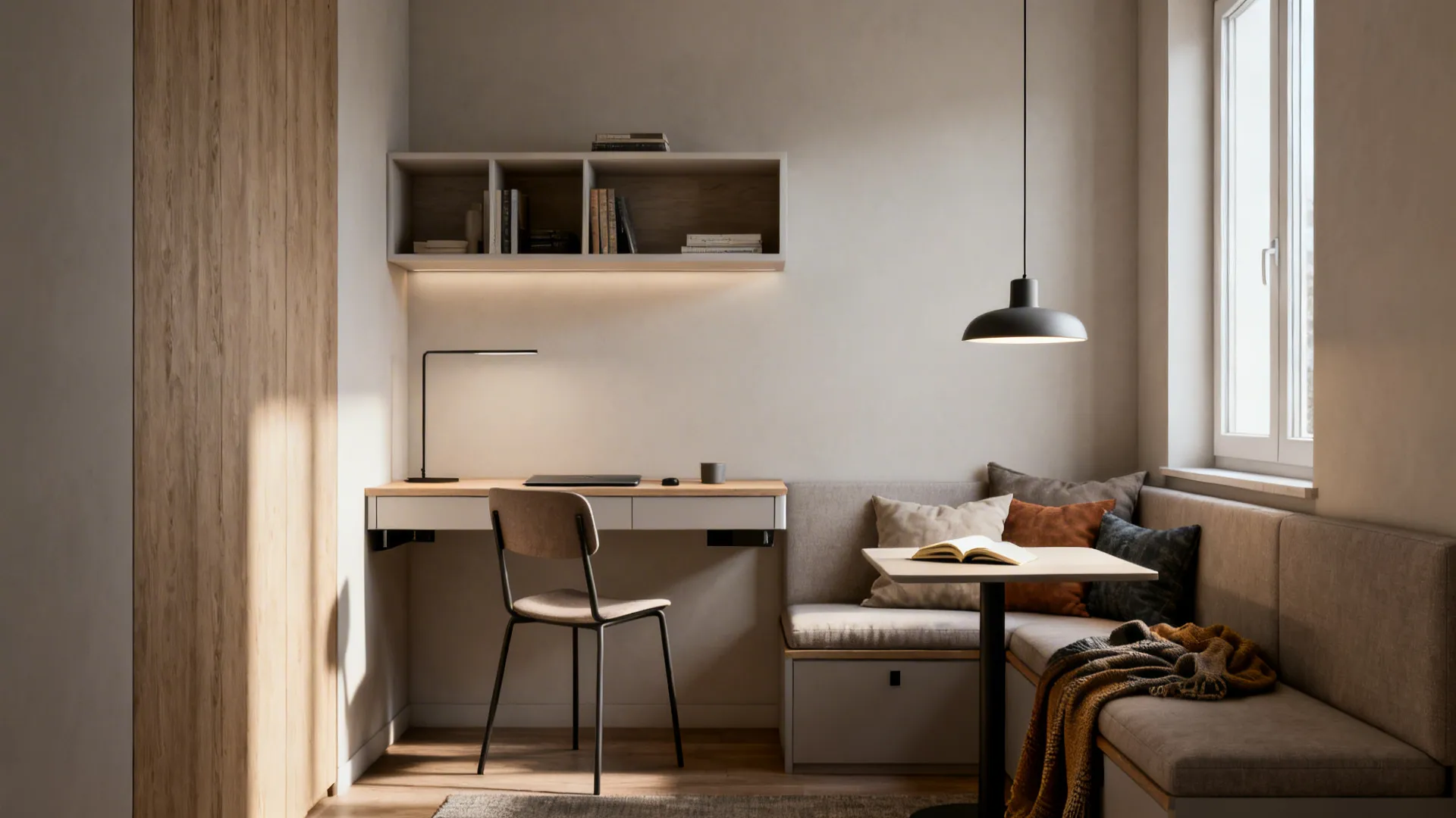 Small multi-use nook at the end of a narrow living room with a wall-mounted desk and task lighting.