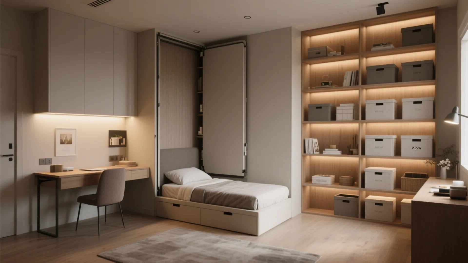 Multi-purpose room with wooden desk, chair, folding wall bed, and large wooden bookshelf with boxes