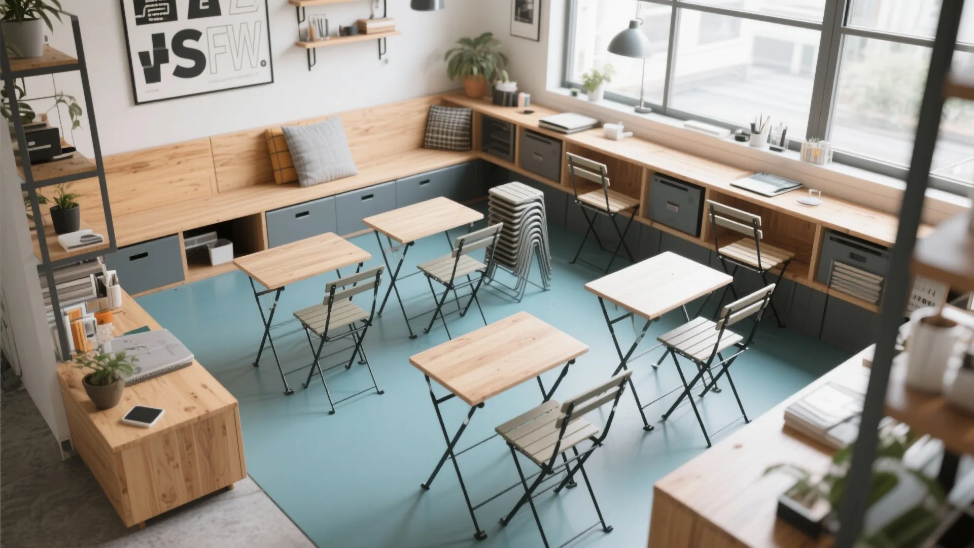 Modern classroom with small wooden tables and folding chairs on a bright blue floor layout