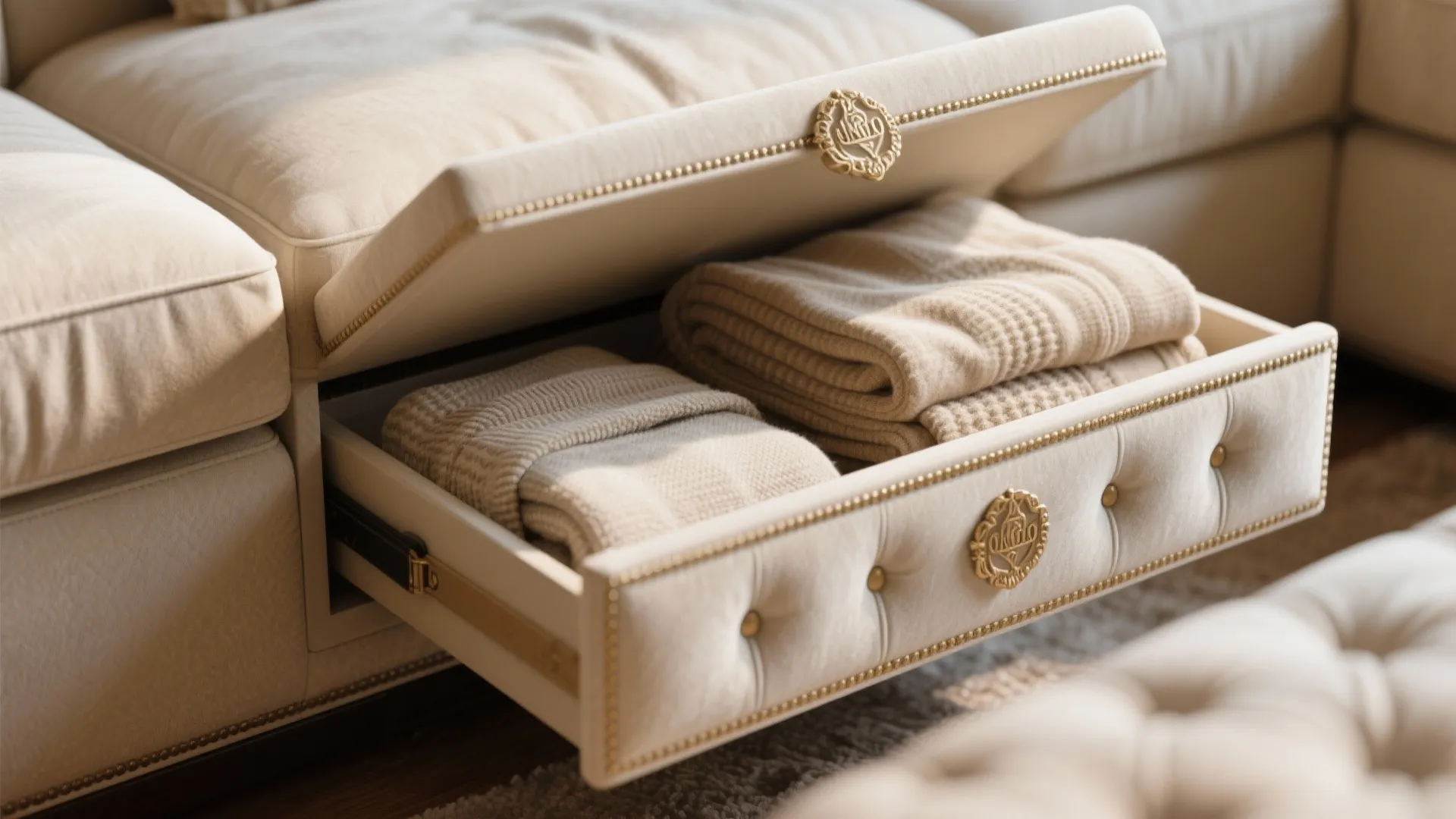 Close up of cream sofa storage drawer holding folded blankets with decorative gold metal handles
