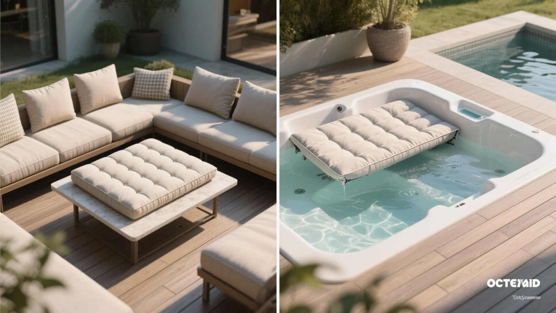 Split view of a multi-use patio tub: covered as a coffee table and uncovered as a shallow soaking tub with cushioned seating.