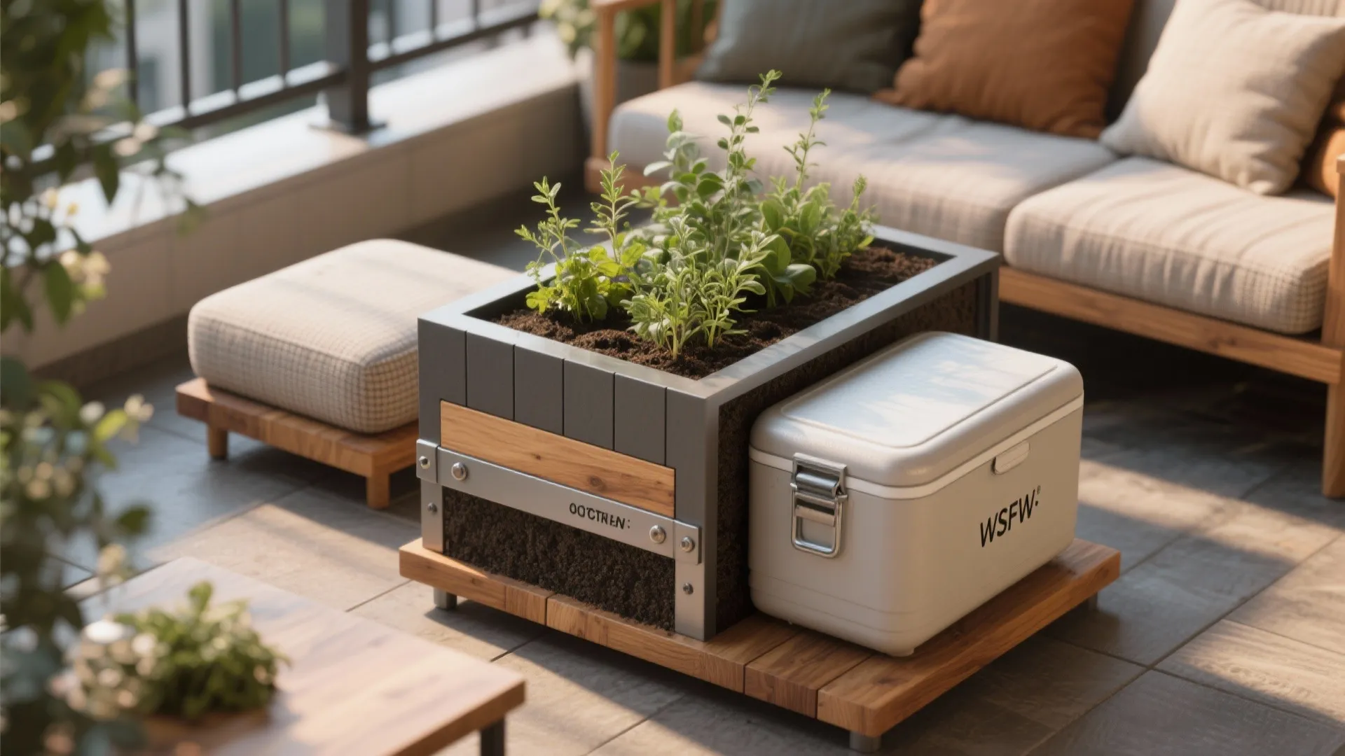 Outdoor balcony featuring a wooden planter box next to a white cooler and grey sofa