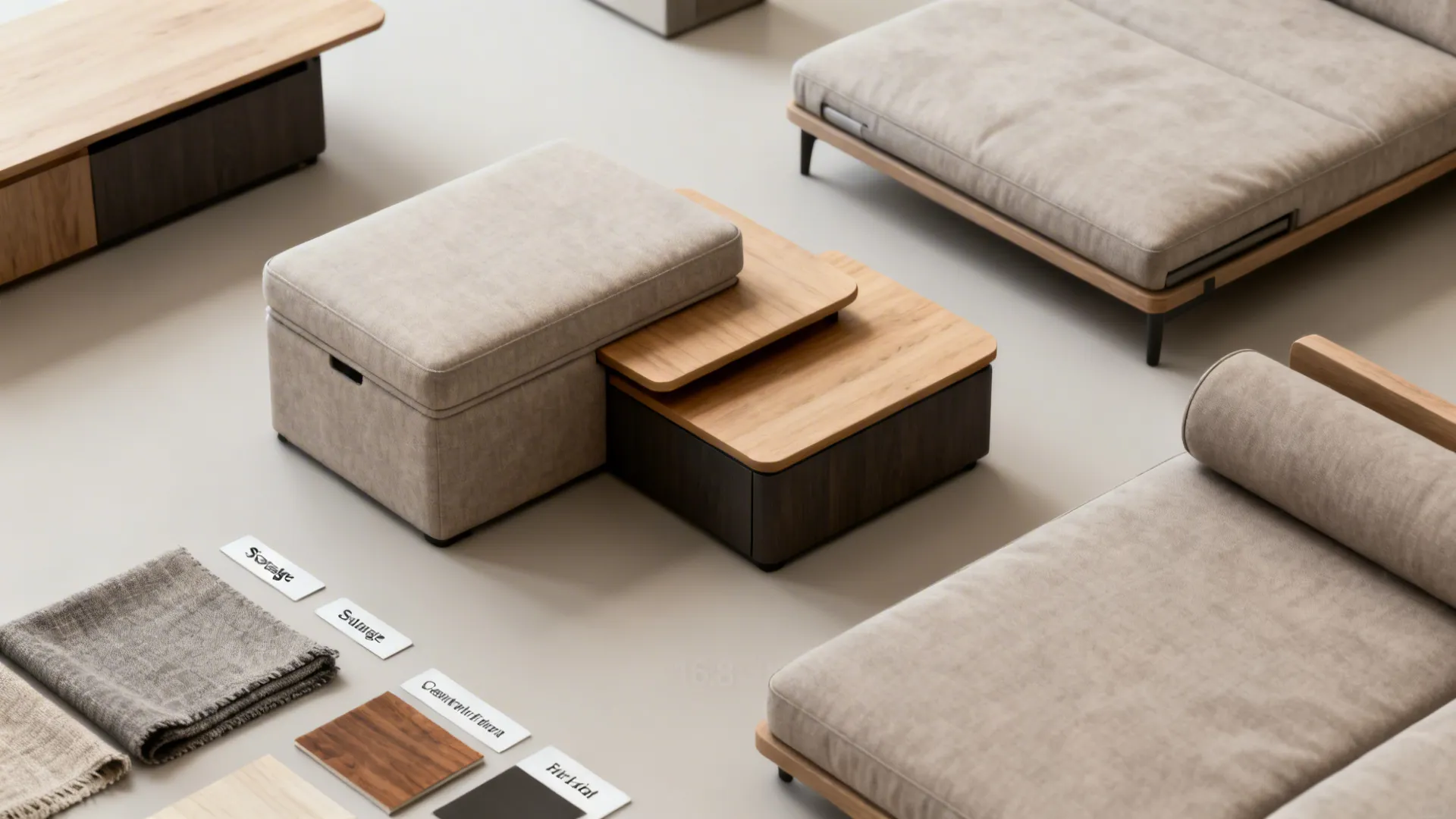 Flatlay of flexible multi-use furniture options including a storage ottoman and nesting tables with material swatches