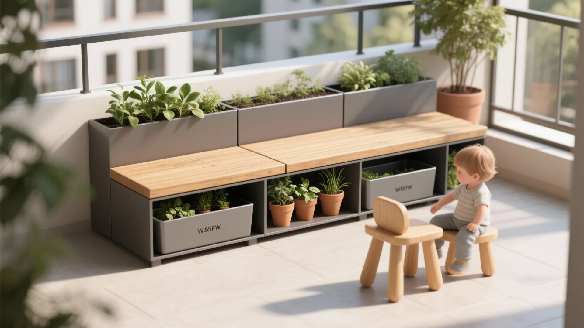 3. Multi-use furniture with integrated planters