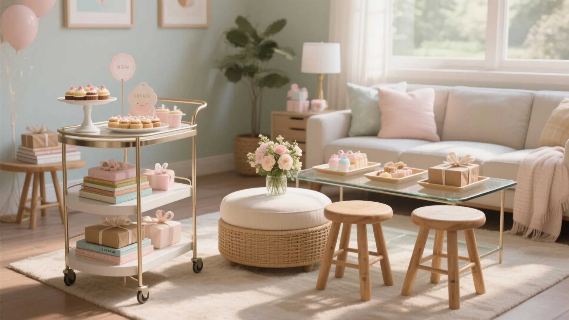 Multi-use furniture as props (bar cart, nesting stools, ottomans)