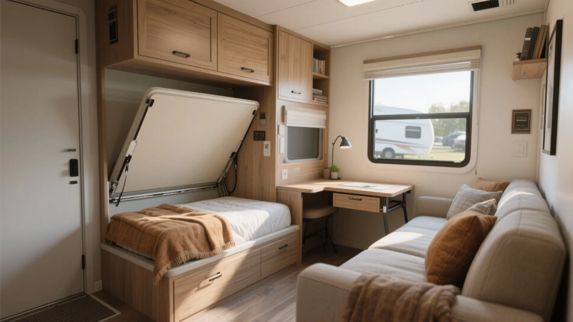 Small camper interior featuring wooden cabinets fold down bed desk and comfortable sofa with pillows