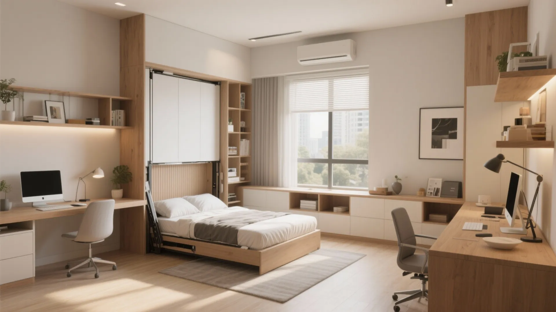 Multi functional room with pull down bed two wooden desks office chairs and window seat