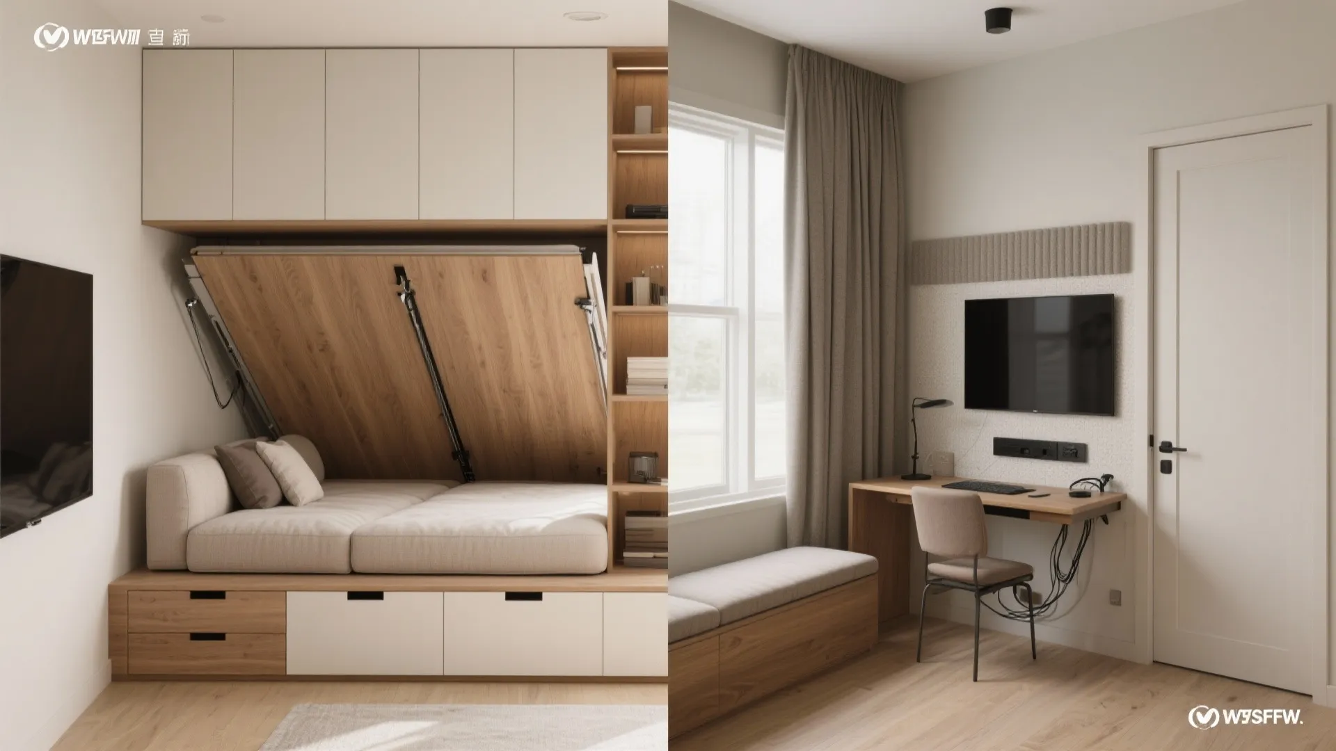 Modern home office featuring a wooden wall bed and a desk with a computer monitor