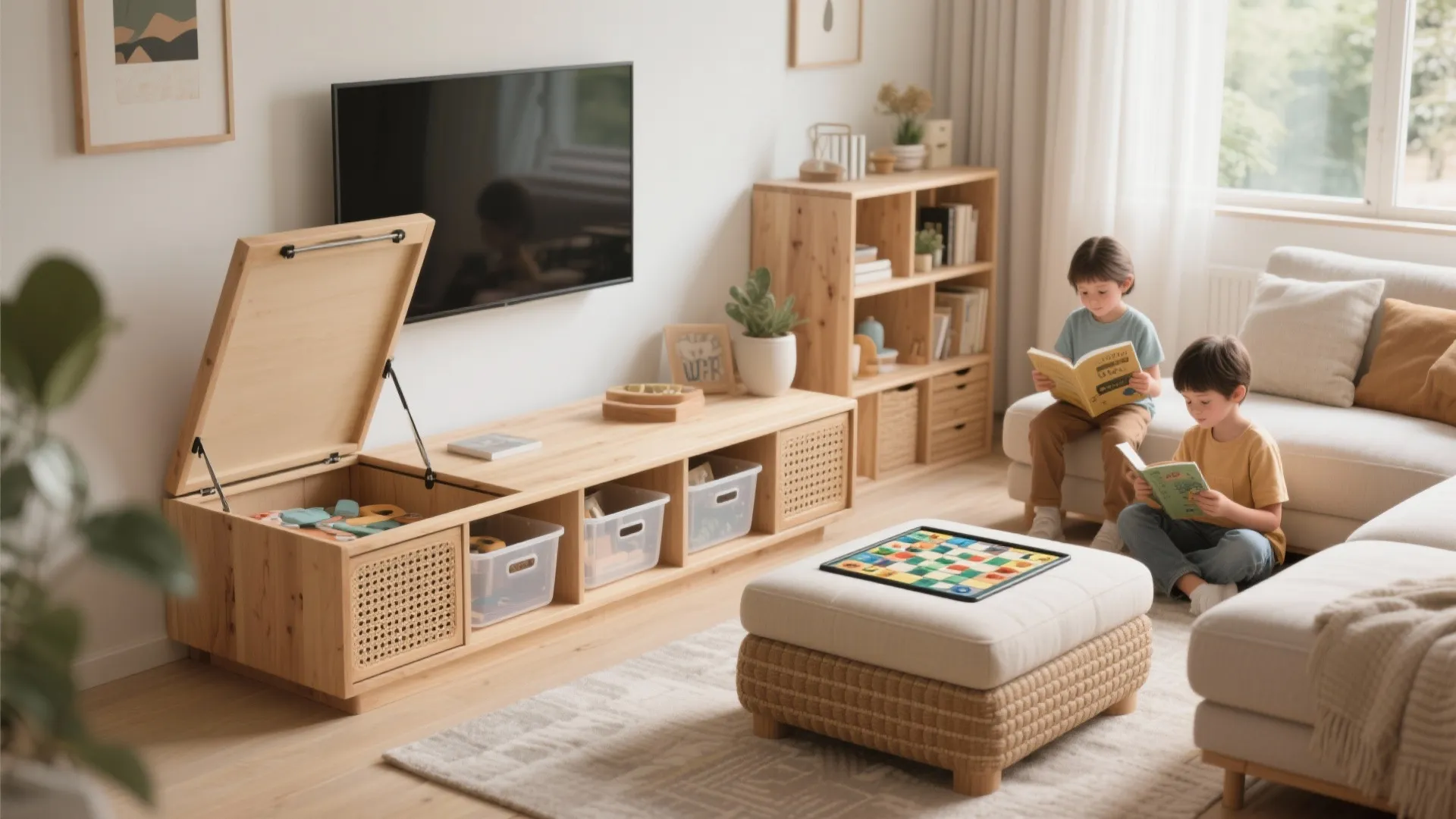 Modern living room featuring wooden storage cabinet children reading on sofa and a comfortable square footrest