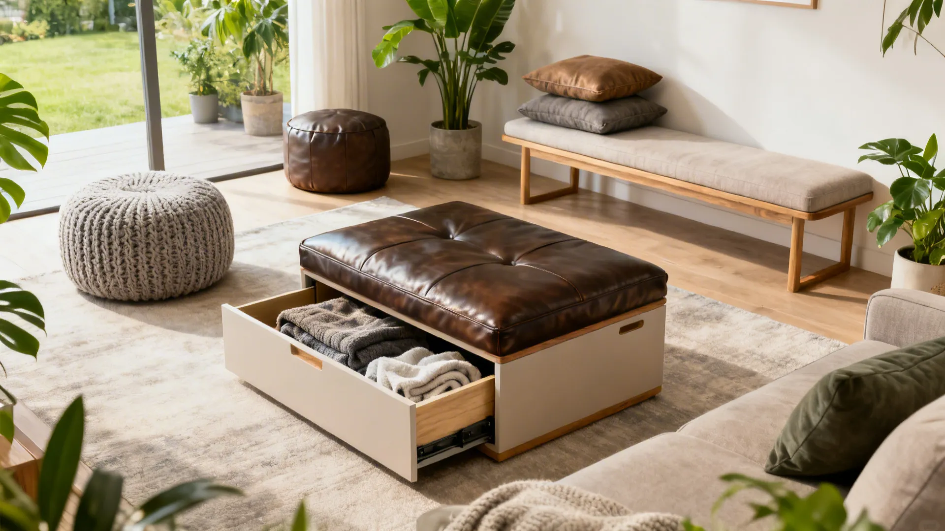 Compact living room with storage ottoman, poufs, and slim bench for flexible seating.