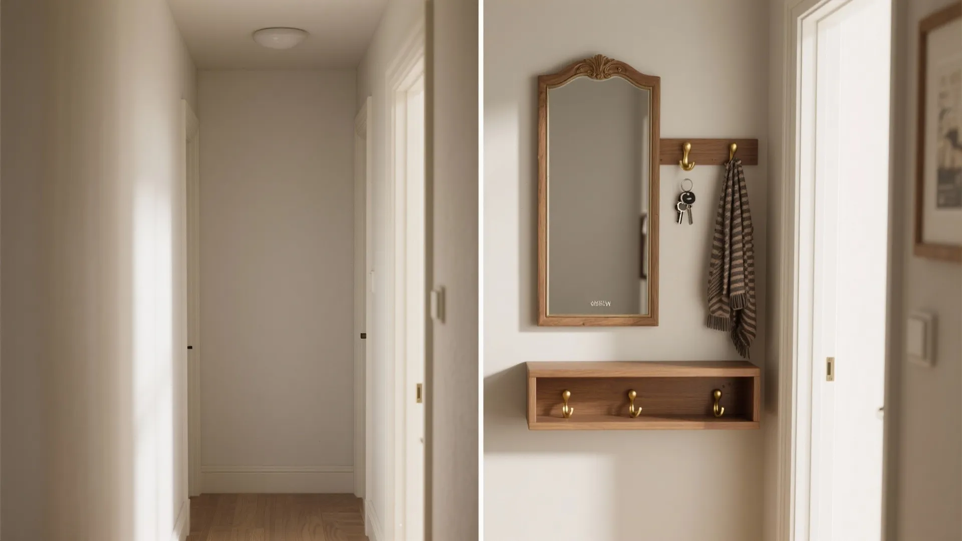 Entryway hallway featuring a wooden wall mirror with gold hooks and small floating storage cabinet