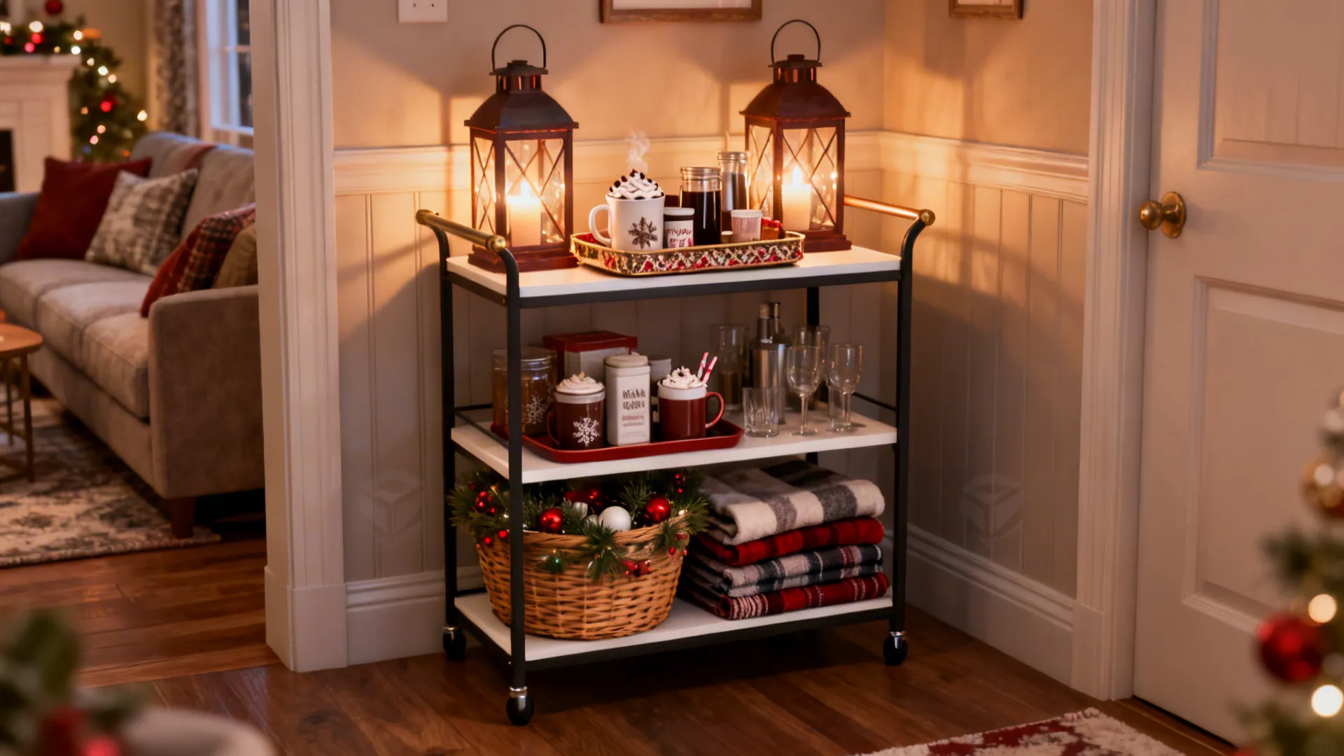 Small shelf styled as a bar cart with lanterns, tray for hot cocoa and a basket of blankets