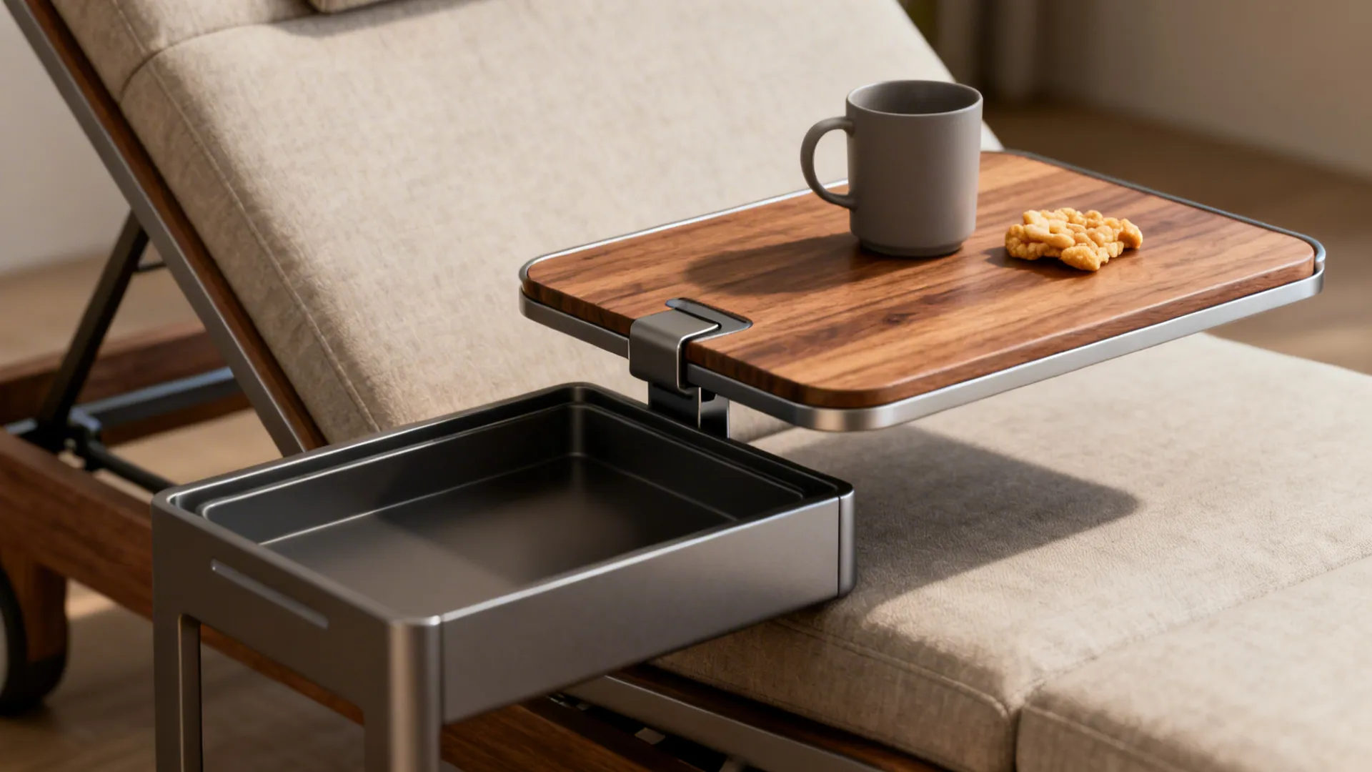 Clip-on tray and multifunctional side tables beside a reclining sofa, shown in close detail