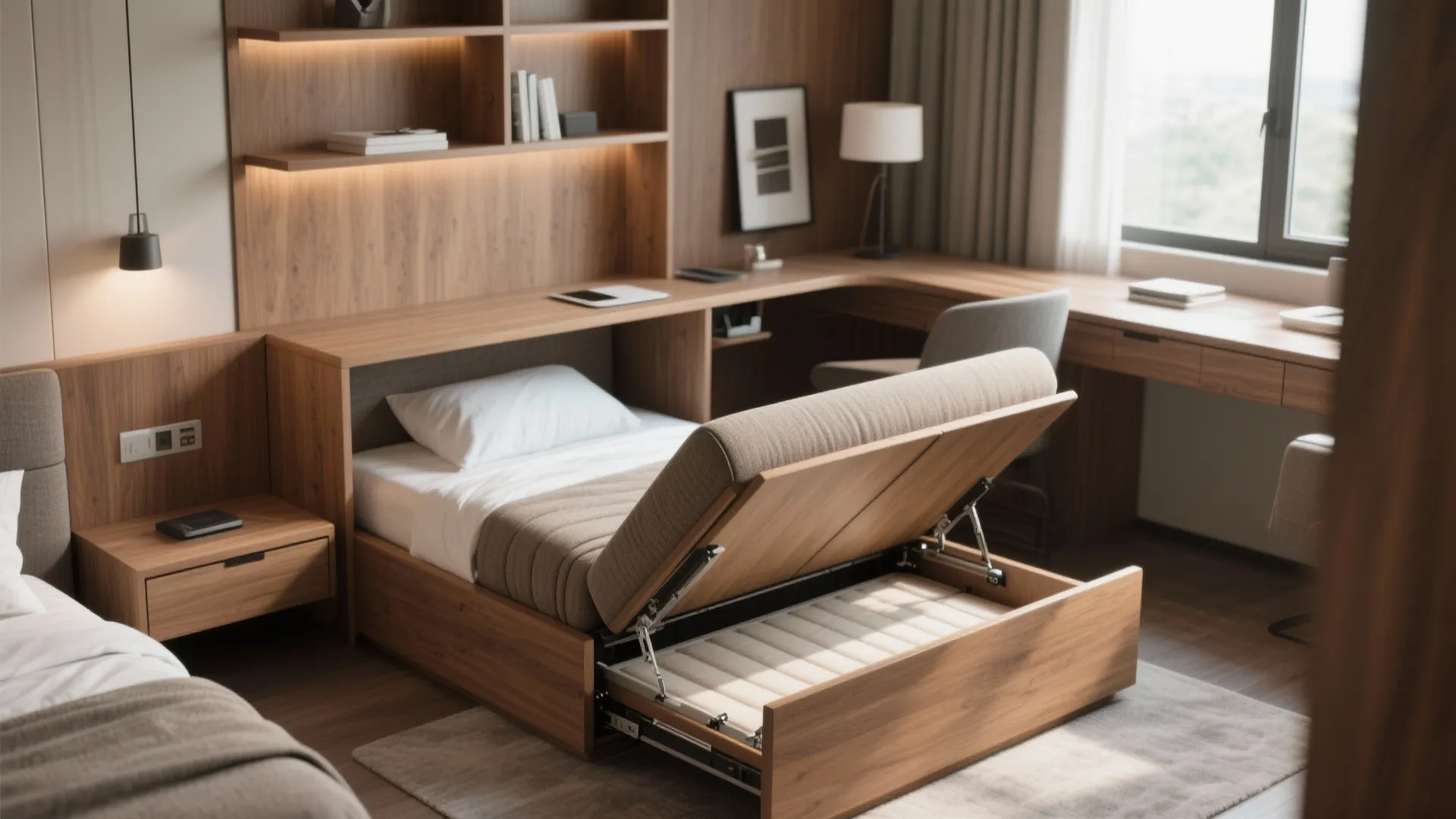 Close-up of a sofa folding into a guest bed with integrated shelving and workspace.