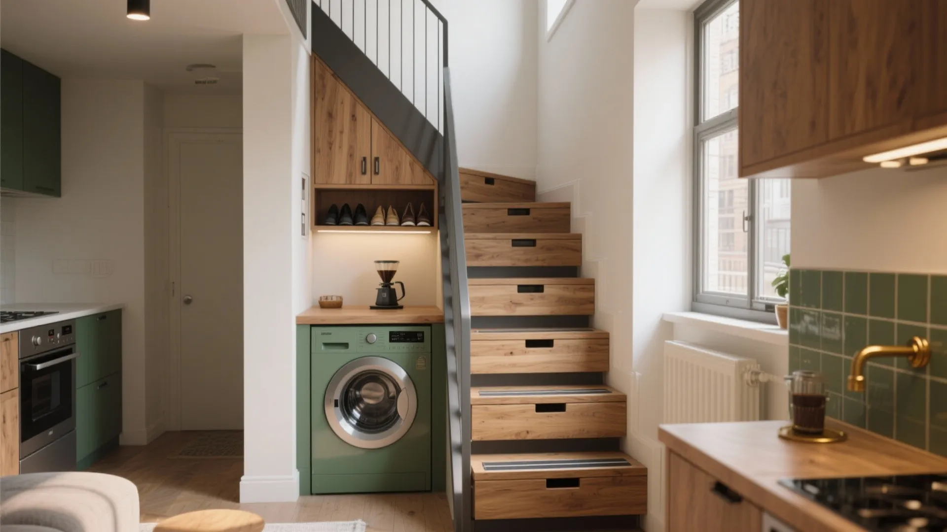 Small kitchen with wooden stairs that include storage drawers and a built in washing machine