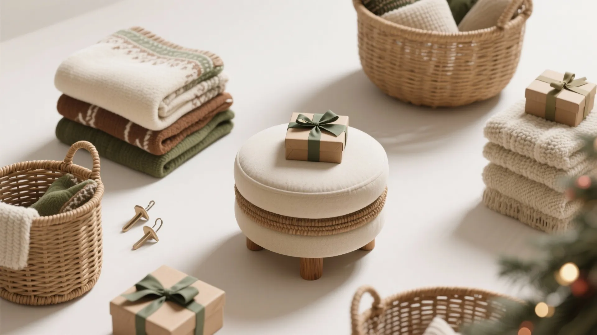 Flatlay of multi-use storage decor: baskets, blankets, stackable ottoman and gift boxes for small rooms.