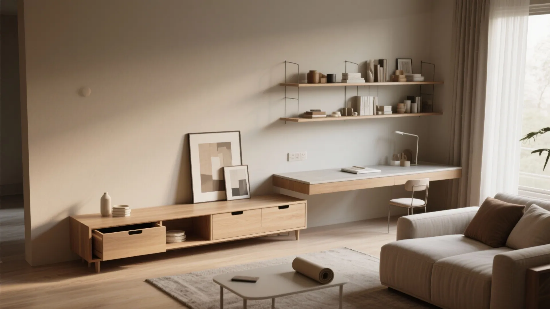 Minimalist living room featuring wooden storage cabinet floating desk wall shelves sofa and natural light