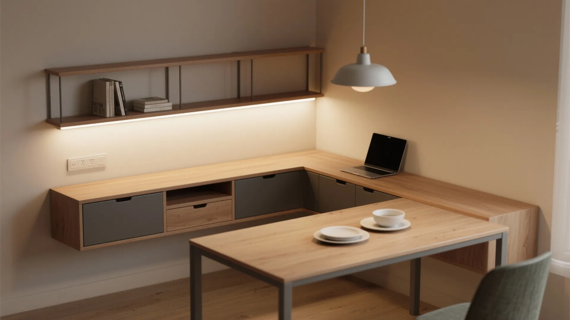 Modern wood desk with grey drawers and wall shelves including a laptop and ceiling light