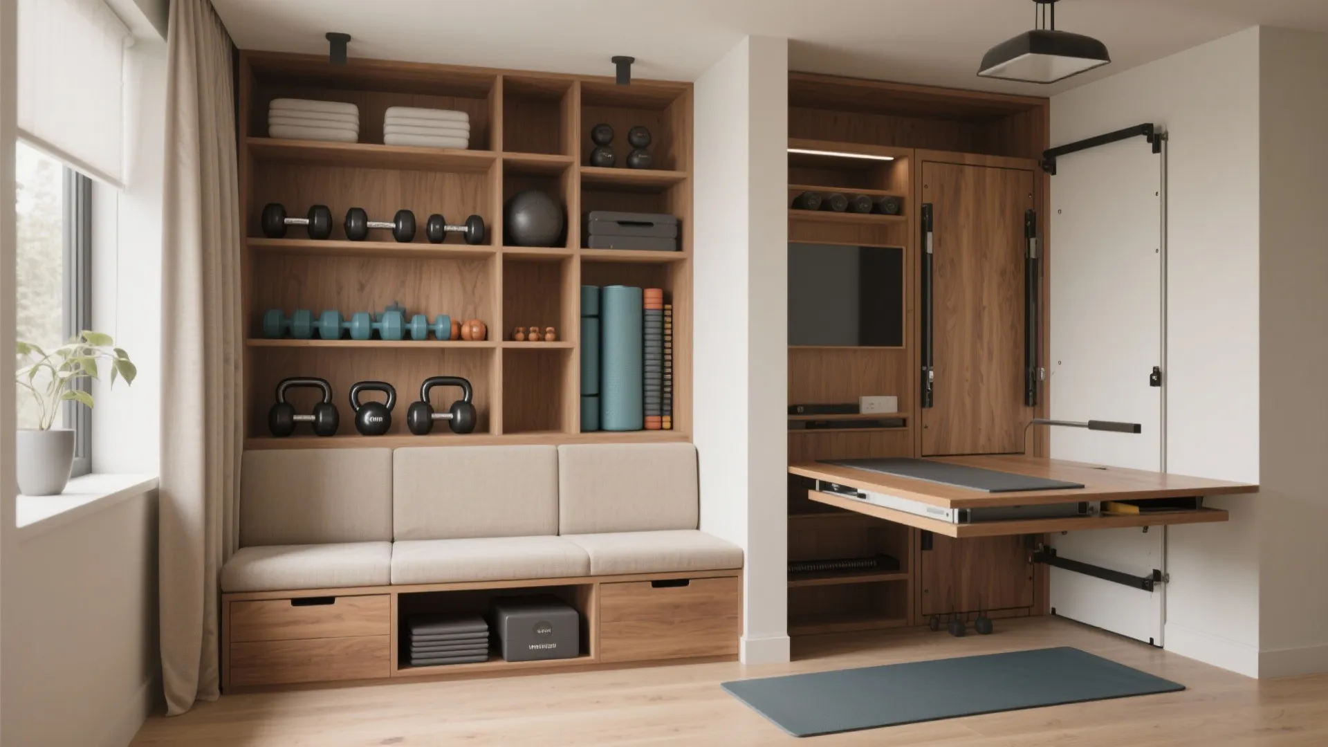 Wood storage cabinet with fitness equipment a seating bench and a fold out wall table