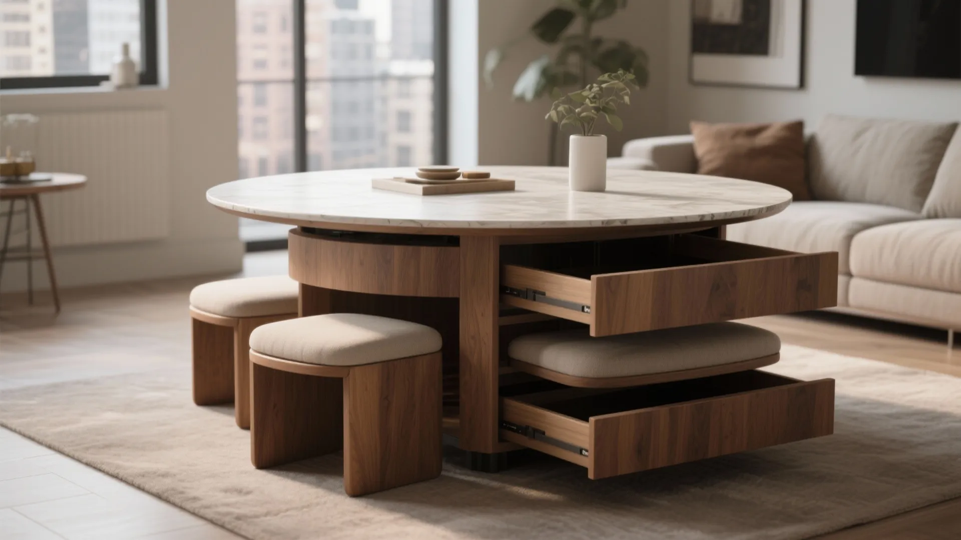 5. Multi-use round tables and nesting stools