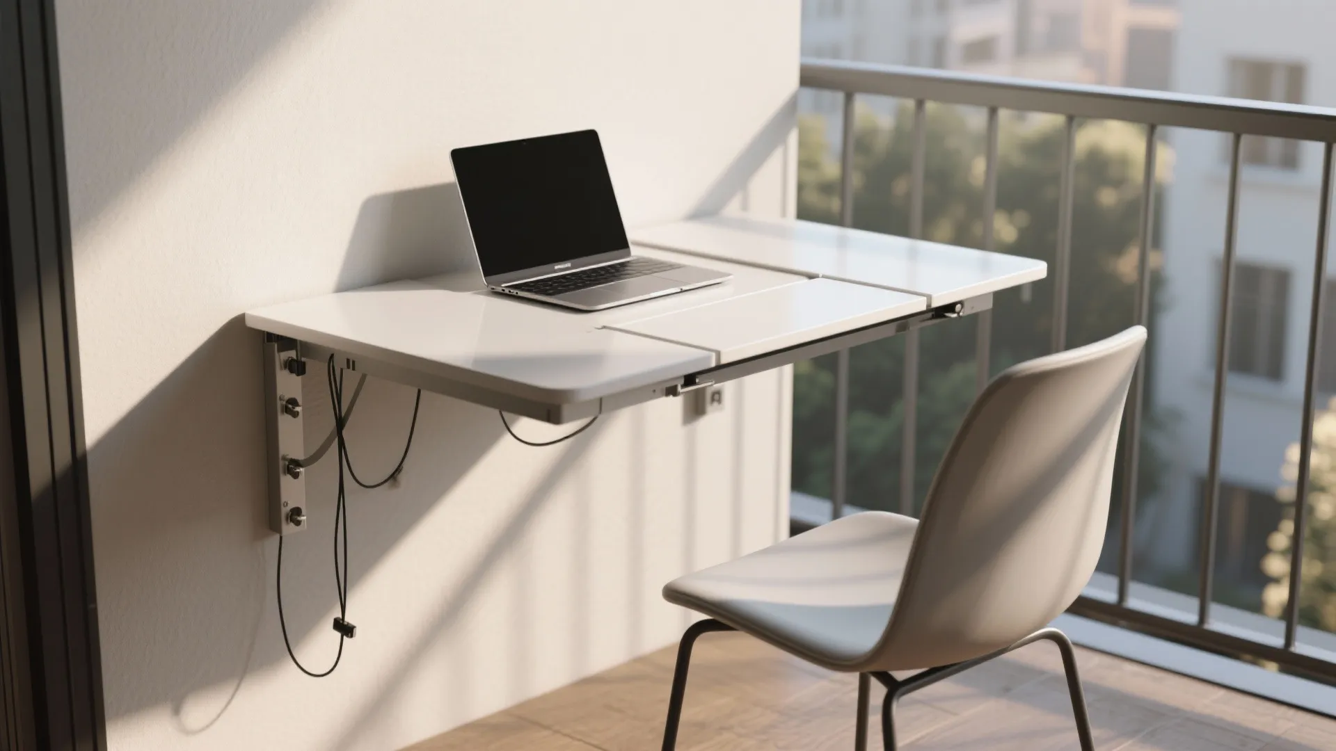 Wall-mounted drop-leaf table on a balcony set up for dining and as a laptop workspace.