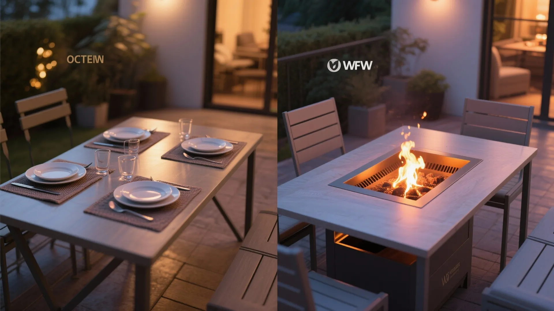 Before and after comparison of a normal dining table versus a table with built-in fire pit