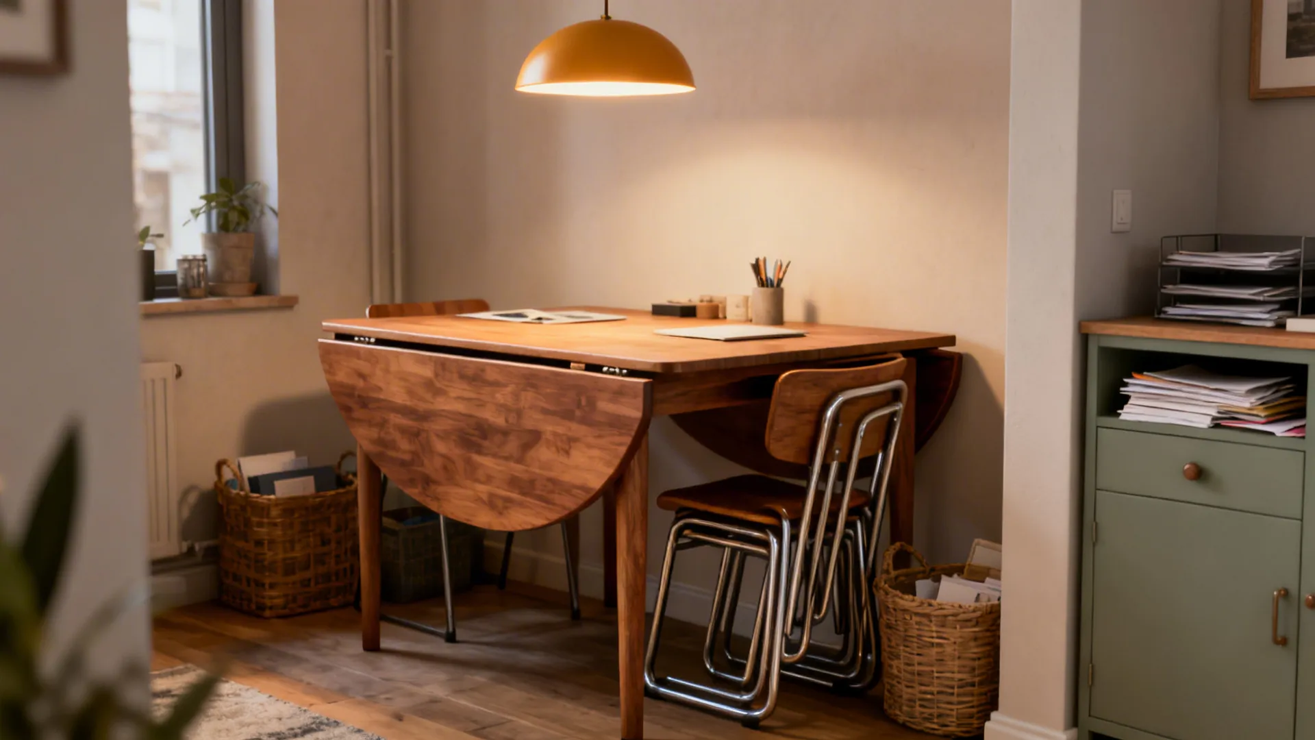 Extendable dining table serving as dining and workspace with storage baskets nearby